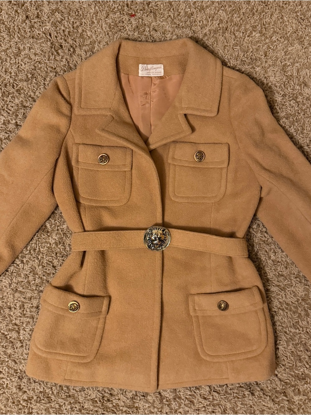 Vintage Country Tweeds 100% Mongolian Camel Hair Belted Lion Button Coat Jacket
